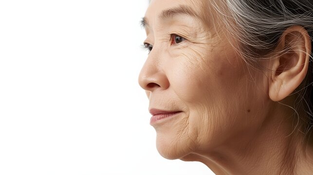 Portrait profile of Asian 60-year-old woman with naturally sagging skin caused by a natural loss of collagen and elastin due to aging - on white background for text placement
