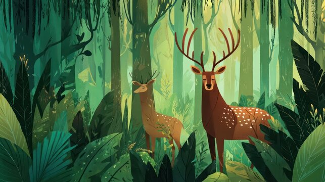 Two majestic deer with large antlers stand calmly in a lush vibrant green forest surrounded by dense foliage and tall trees