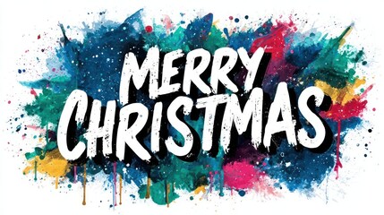 Vibrant merry christmas text art with colorful abstract watercolor paint splatters and splashes