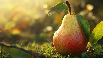 A ripe pear rests on a patch of green grass, illuminated by warm sunlight and surrounded by blurred autumn foliage, creating a serene and inviting scene.
