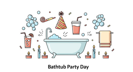 Festive illustration for Bathtub Party Day featuring a clawfoot tub surrounded by party hats, drinks, and confetti.