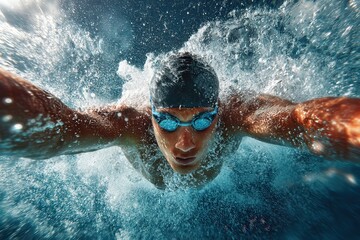 Swimmer performs dynamic dive in clear water during a competitive event in early morning light