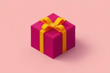 A vibrant pink gift box tied with a bright yellow ribbon and bow presented on a soft pink background with subtle shadow