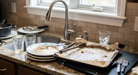 A messy kitchen sink filled with dirty dishes, a baking sheet, and used utensils after a meal.