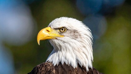 Obraz premium Close-up portrait of a majestic bald eagle, showcasing its sharp beak and keen eye.