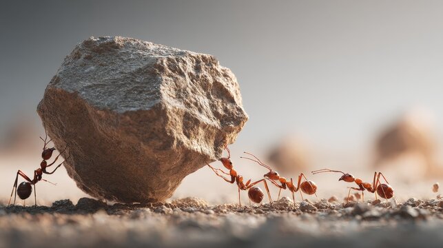 Ants working together to move a large rock across a sandy terrain during daylight hours - Powered by Adobe