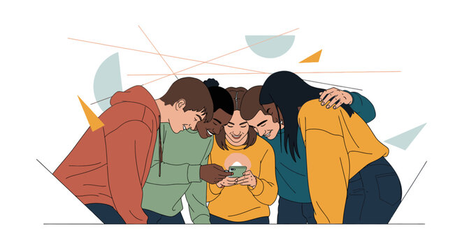 A diverse group of young friends huddle closely, sharing a moment of digital connection while intently viewing content on a smartphone screen together.
