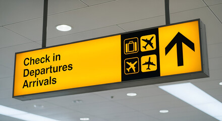 Illuminated airport sign indicating check-in, departures, and arrivals with directional arrow.