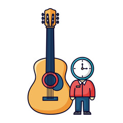 Classical Guitar With Clock Character Flat Design