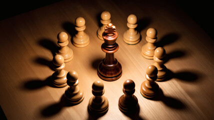 Dramatic Chess Scene with King Surrounded by Pawns on Wooden Chessboard