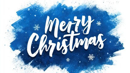 Festive merry christmas greeting with elegant white calligraphy over a vibrant blue watercolor splash and falling snowflakes