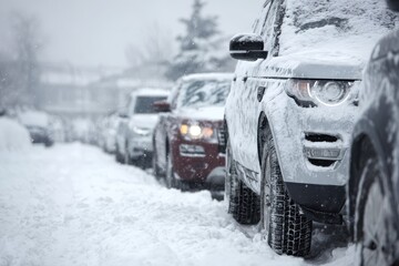 Snow-covered vehicles line a street in a winter storm, showing the challenges of heavy snowfall in the city