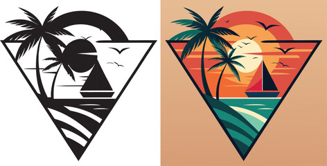 Vibrant tropical sunset scene with palm trees, sailboat, and serene ocean waves creates a perfect vacation vibe