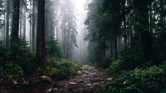 Misty Forest Path Winding Through Dense Green Pine Trees