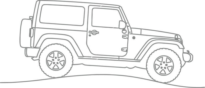 A detailed line drawing of a jeep wrangler isolated on white background, showcasing its rugged design and offroad capabilities in a minimalist style