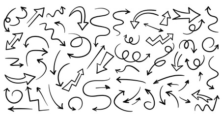 Arrow vector line set. Charcoal hand drawn pencil arrows. Doodle curved chalk darts. brush sketch arrow line curve up, down shape chalk texture element set. Abstract grunge scribble chalk crayon styl