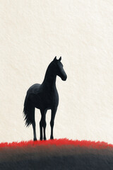 Black horse standing on red grass with textured background, silhouette style, minimalistic and calm atmosphere, suitable for modern art or abstract design concepts