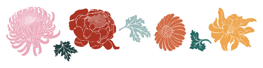 Stylized chrysanthemum, peony, daisy, dahlia flowers with decorative leaves. Minimal floral design perfect for patterns, prints, and botanical decor. Vector illustration isolated on white background