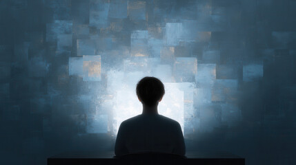 Silhouette of person sitting at desk facing illuminated abstract digital wall, moody atmosphere, technology concept, solitude, blue tones, modern interior, creative inspiration