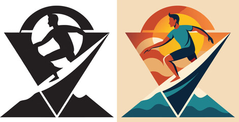 Dynamic surfer carving a wave under a vibrant sunset, embodying adventure and the thrill of extreme sports in a stylized abstract design