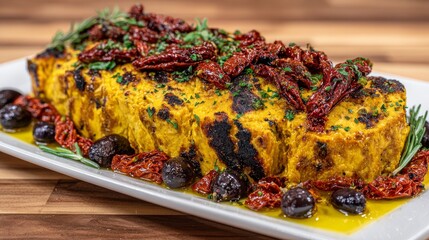 Gourmet seared steak with black olives and sun-dried tomatoes on white plate, macro food photography on wooden table