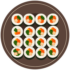 A top-down vector illustration displays a round brown platter holding sixteen uniform maki sushi rolls, each filled with vibrant orange roe, green vegetables, and tamago wrapped in white rice