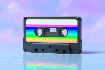 Colorful retro audio cassette with rainbow gradient label standing on glossy surface, pastel purple background, nostalgic and vibrant mood, vintage music concept