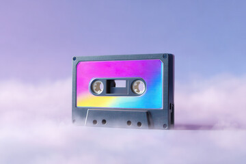 Colorful cassette tape retro music pastel sky dreamy cloud vintage audio nostalgia vibrant analog 1980s floating