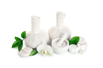 Spa composition with massage bags, sea salt and orchid flowers on white background