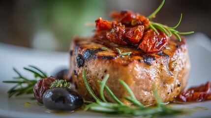 Gourmet seared steak with black olives and sun-dried tomatoes on white plate, macro food photography on wooden table