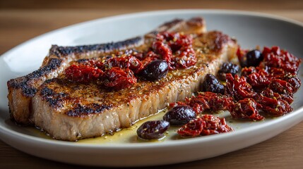 Gourmet seared steak with black olives and sun-dried tomatoes on white plate, macro food photography on wooden table