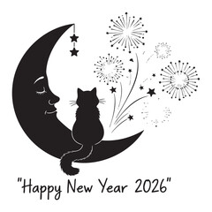 Happy New Year 2026 Cute Cat Silhouette Sitting on Crescent Moon Watching Fireworks Vector Illustration © Asia