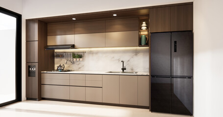 A clean and modern minimalist kitchen interior featuring sleek matte cabinets, integrated appliances, warm under-cabinet lighting, a marble backsplash, and a large black refrigerator. 
