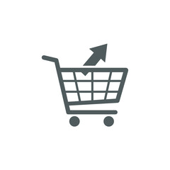Monochromatic dark grey silhouette vector icon of a shopping cart with an upward-pointing arrow, symbolizing increasing sales, adding products, retail growth, e-commerce, and business success.