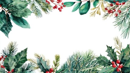 Festive watercolor border of evergreen branches holly leaves and red berries creating a christmas and winter holiday frame