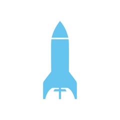 Bold light blue rocket silhouette vector icon representing innovation, startup launch, space travel, science, and fast progress, isolated on a clean white background.