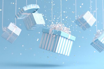 Delicate pastel blue and white striped gift boxes suspended by strings with falling confetti against a soft blue background