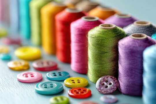 Colorful sewing threads and buttons arranged on a table creating a vibrant crafting scene