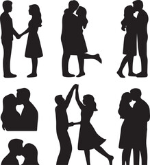 Vector silhouettes of people, including women in fashion dresses, business persons, and couples walking or dancing, for illustration or stock art.