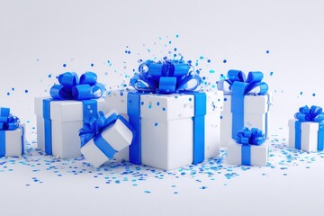 Festive arrangement of white gift boxes adorned with vibrant blue ribbons and bows scattered with confetti
