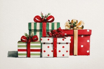 Festive stack of wrapped christmas presents with red ribbons and bows on a light background