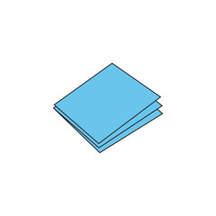 Simple isometric flat design vector icon depicting a stack of three light blue square papers or documents, symbolizing files, paperwork, office work, organization, and information storage.