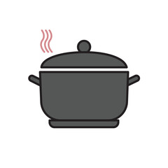 Flat design vector illustration of a dark grey cooking pot with a lid and steaming lines, symbolizing food preparation, boiling, soup, kitchen utensils, and home cooking.