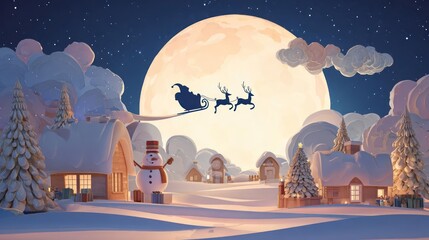 Magical christmas eve scene with santa s sleigh flying across a giant full moon over a snowy village