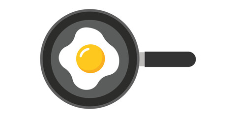 Top-down flat design vector illustration of a sunny-side up fried egg cooking in a black non-stick frying pan, symbolizing breakfast, protein, cooking, and simple kitchen food preparation.