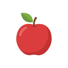 Vibrant flat design vector illustration of a perfectly ripe red apple with a stem and green leaf, symbolizing health, fresh fruit, organic food, diet, and nutrition on a white background.