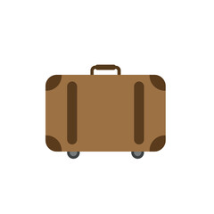 Flat design vector illustration of a classic brown rectangular suitcase with a handle and wheels, symbolizing travel, vacation, luggage, business trips, and packing for a journey.