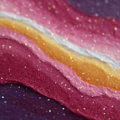 Abstract macro image featuring vibrant pink, gold, and white textured layers with sparkling glitter, creating dreamy, artistic background with sense of movement and creativity