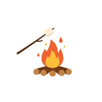 Colorful flat design vector illustration of a warm campfire with burning logs and a marshmallow roasting on a stick, symbolizing camping, cozy outdoor adventure, food, and fun leisure activities.