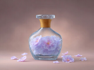Glass bottle with golden neck filled with delicate pink cherry blossom flowers, soft petals scattered around, elegant floral arrangement, romantic and serene mood